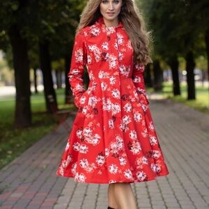 RainSisters Swing Coat Red Sun Floral Hooded Rain Coat